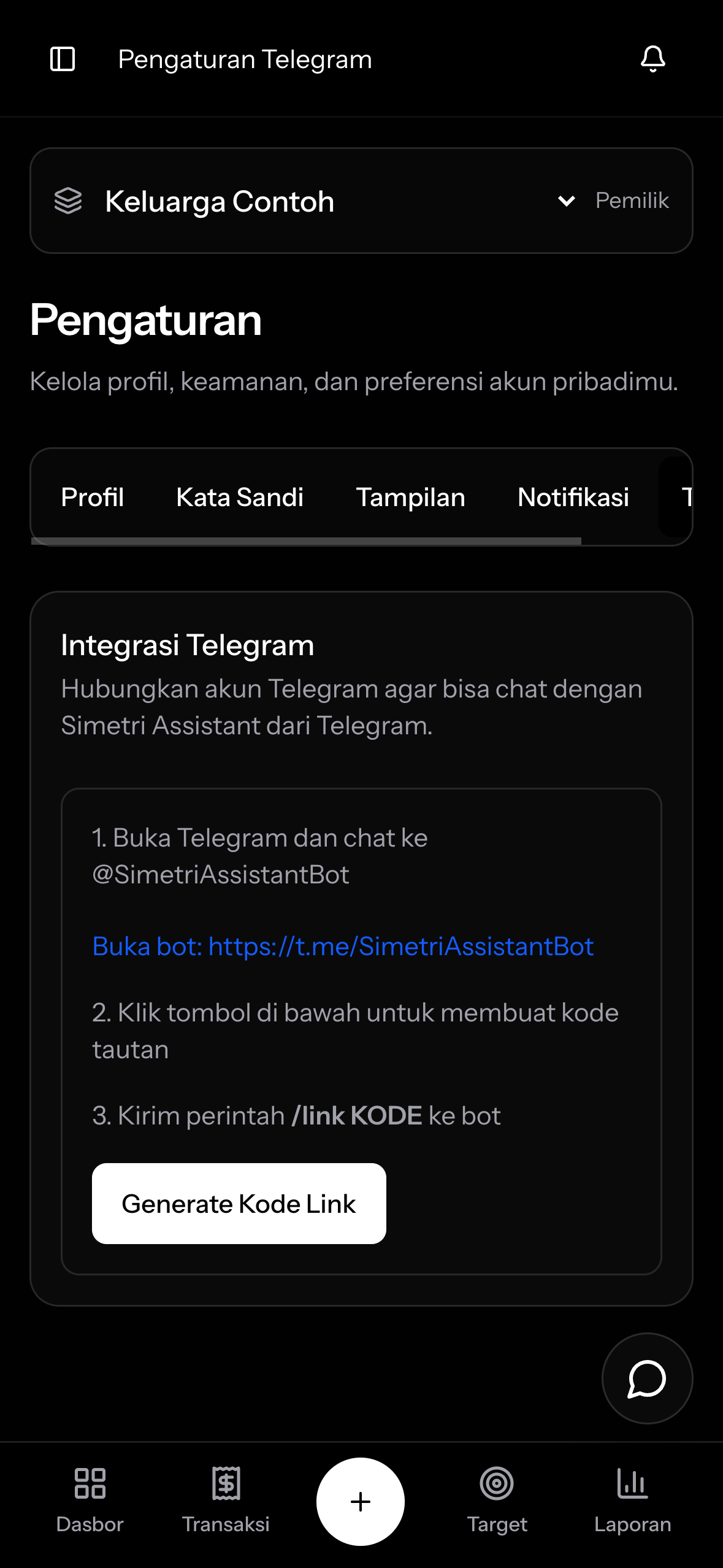 Pengaturan integrasi Telegram Simetri pada HP sebelum akun ditautkan